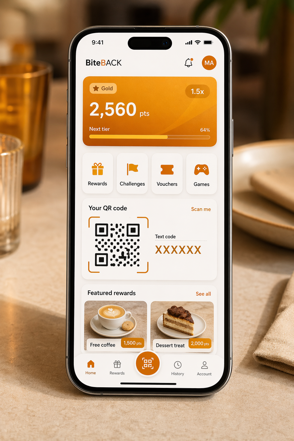 Smartphone showing a restaurant loyalty app with points balance, personal QR code and rewards